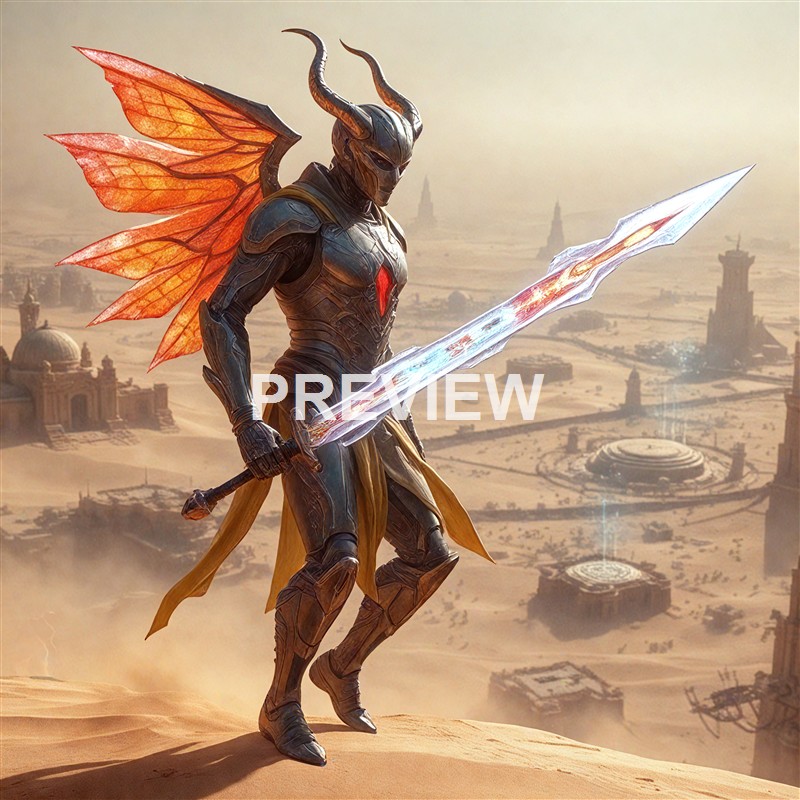 A humanoid figure with insect-like wings, wearing a dark armored suit with horns on the head, holding a glowing, jagged sword, standing on a sandy dune overlooking a futuristic desert cityscape with tall structures and domed buildings.